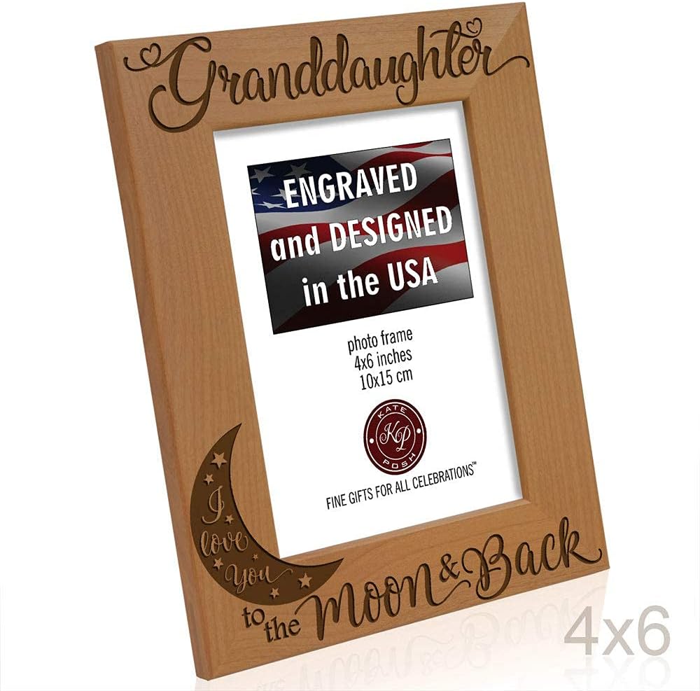 KATE POSH Granddaughter I Love You to the Moon and Back Engraved Wood Picture Frame, Grandma Grandpa Gifts, Christmas, Birthday, Mother's Day, Father's Day (4x6 Vertical)
