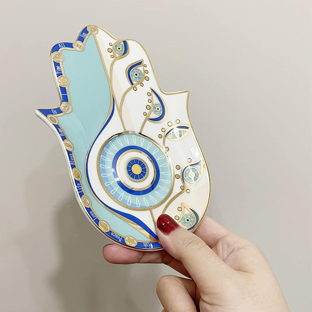 Ceramic Hamsa Hand Incense Holder - 2 in 1 Brass Incense Holder for Sticks and Coil Incense- Zen Decor with Hand of Fatima Design Protection from Evil - 6.2" L X 4.5" W (Blue)