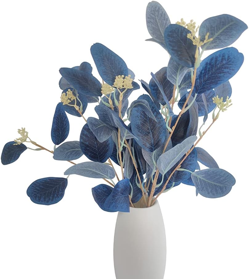 4Pcs Artificial Eucalyptus Leaves Stems Faux Eucalyptus Plant Branches for Vase Filling Home Decoration Flowers Wedding Holiday Arrangement (Royal Blue)