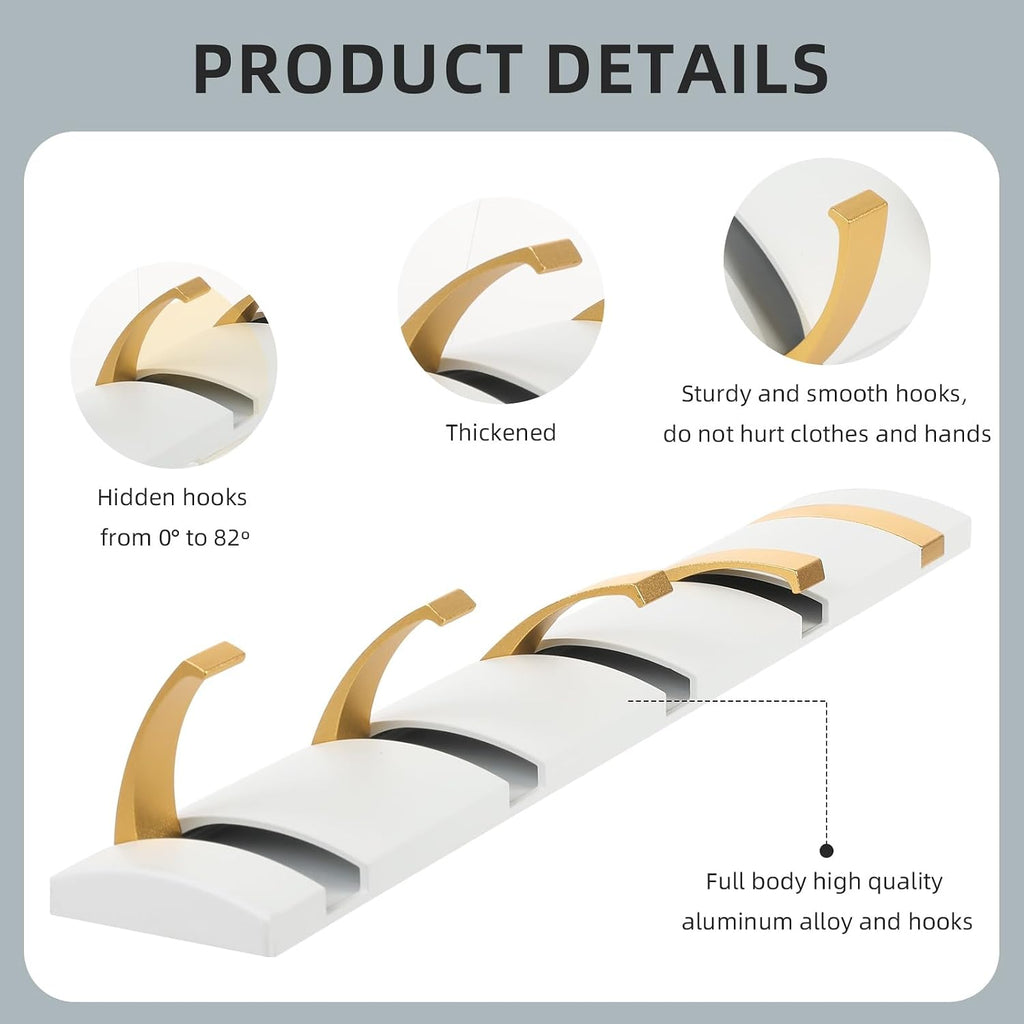 Foldable Stylish Modern Hook Rack with 5 Hooks, Coat Hooks Wall Mount, Metal Coat Hook Rail for Coat Hat Towel Purse Robes Mudroom Bathroom Entryway (White and Gold)