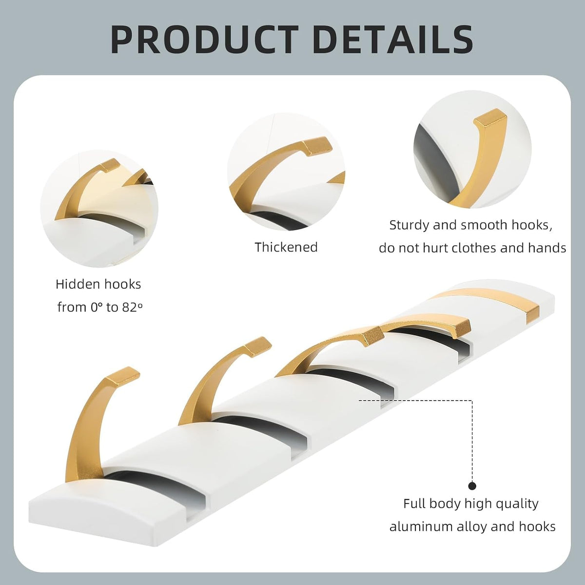 Foldable Stylish Modern Hook Rack with 5 Hooks, Coat Hooks Wall Mount, Metal Coat Hook Rail for Coat Hat Towel Purse Robes Mudroom Bathroom Entryway (White and Gold)