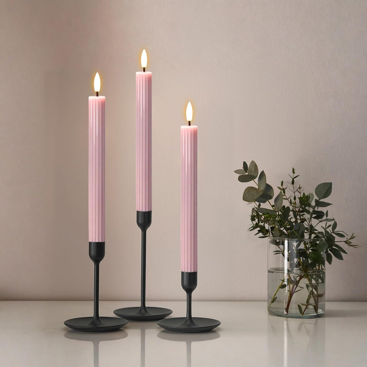 Pink Flameless Taper Candles Battery Operated with Remote Timer