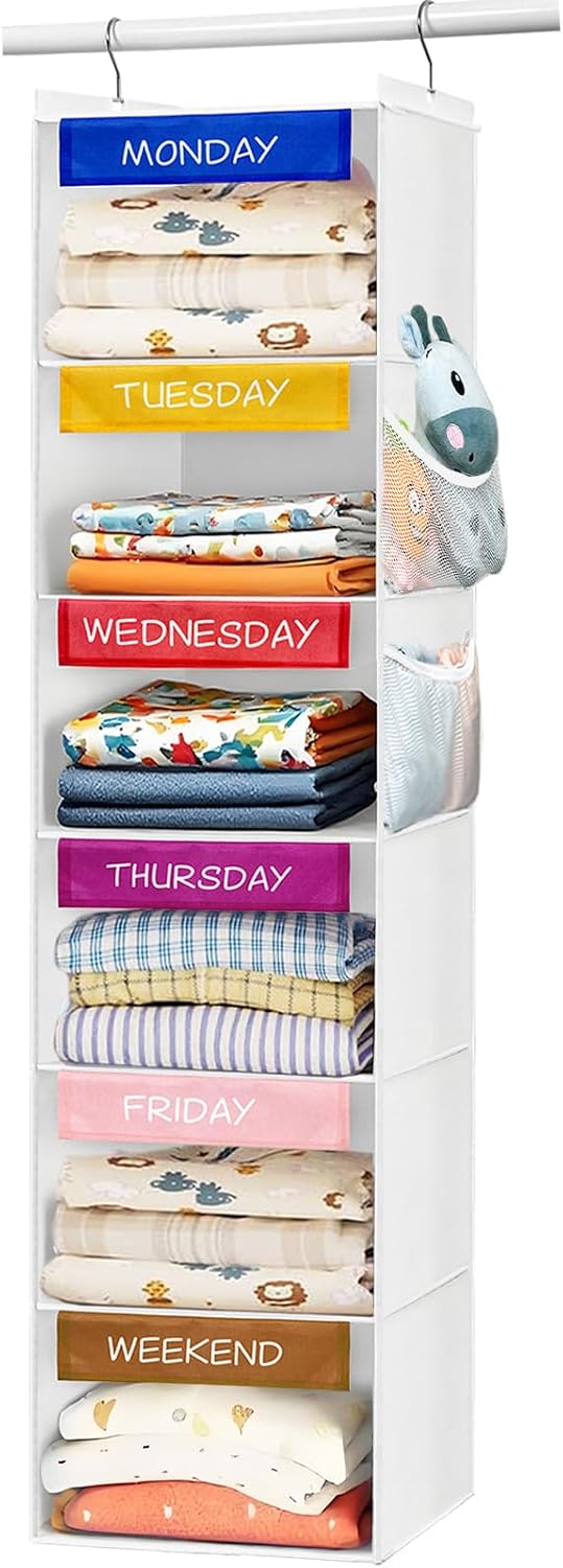 homyfort Weekly Clothes Organizer for Kids, 6-Shelf Hanging Closet Organizer with Colorful Labels, Space Saving Design with 2 Pockets, Daily Hanging Closet Shelves for Kids Room Storage, White