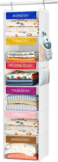 homyfort Weekly Clothes Organizer for Kids, 6-Shelf Hanging Closet Organizer with Colorful Labels, Space Saving Design with 2 Pockets, Daily Hanging Closet Shelves for Kids Room Storage, White