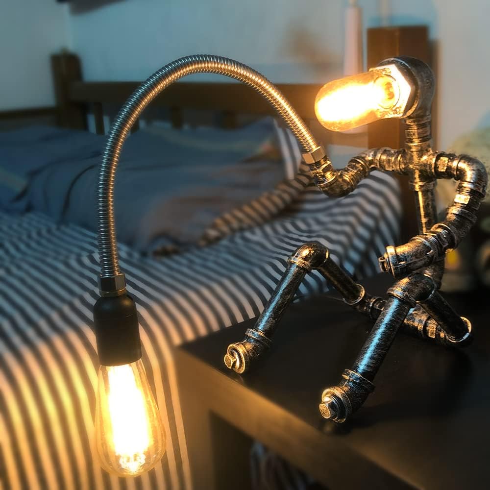 Steampunk Table Lamp Water Pipe Robot Vintage Industrial Style Desktop Cool Table Lamp for Bedside Cafe Bar Night Light Desk Decorations Birthday New Year Gifts