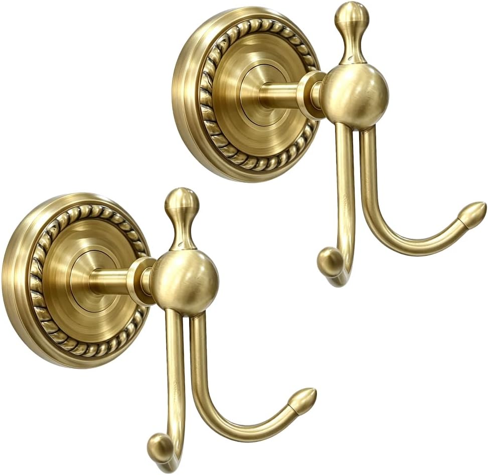 2 Pack Antique Brass Towel Hook Vintage Gold Brass Wall Hook Wall Mounted Hanger Bathroom Accessories for Coat Purse Decoration Clothing Robe Kitchen Bedroom