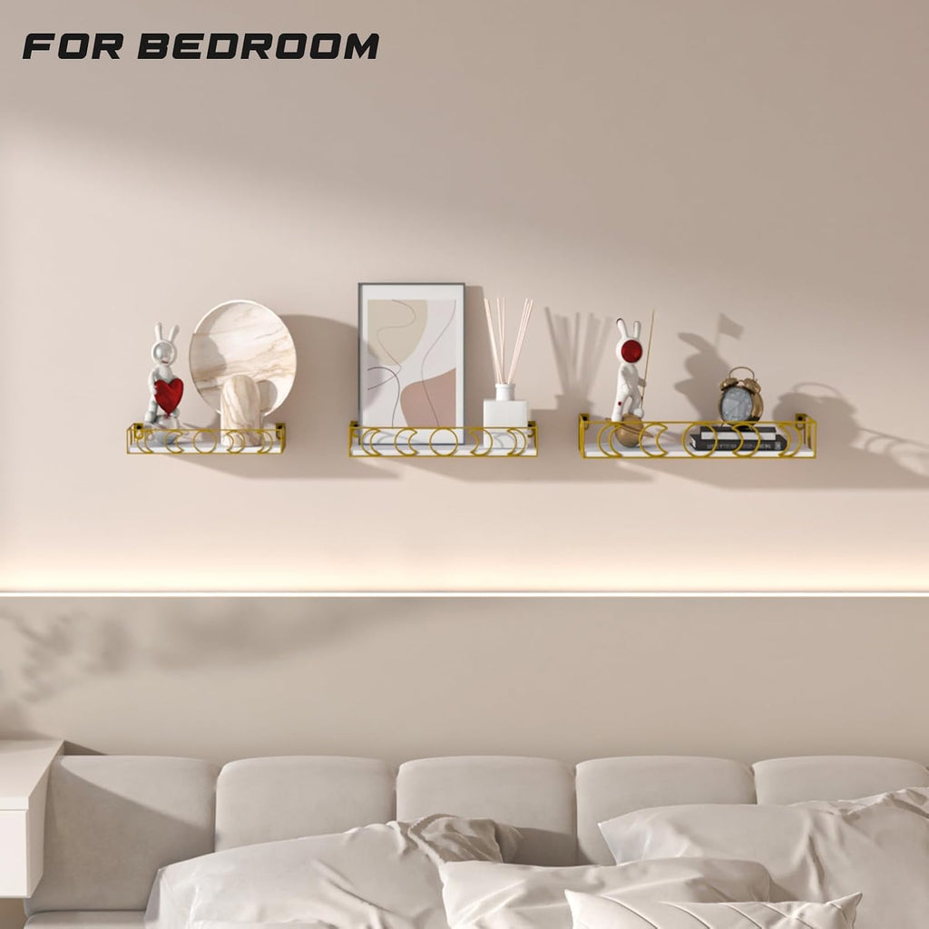 Moon Phase Wall Shelf, 3 Gold Side White Base Floating Shelves