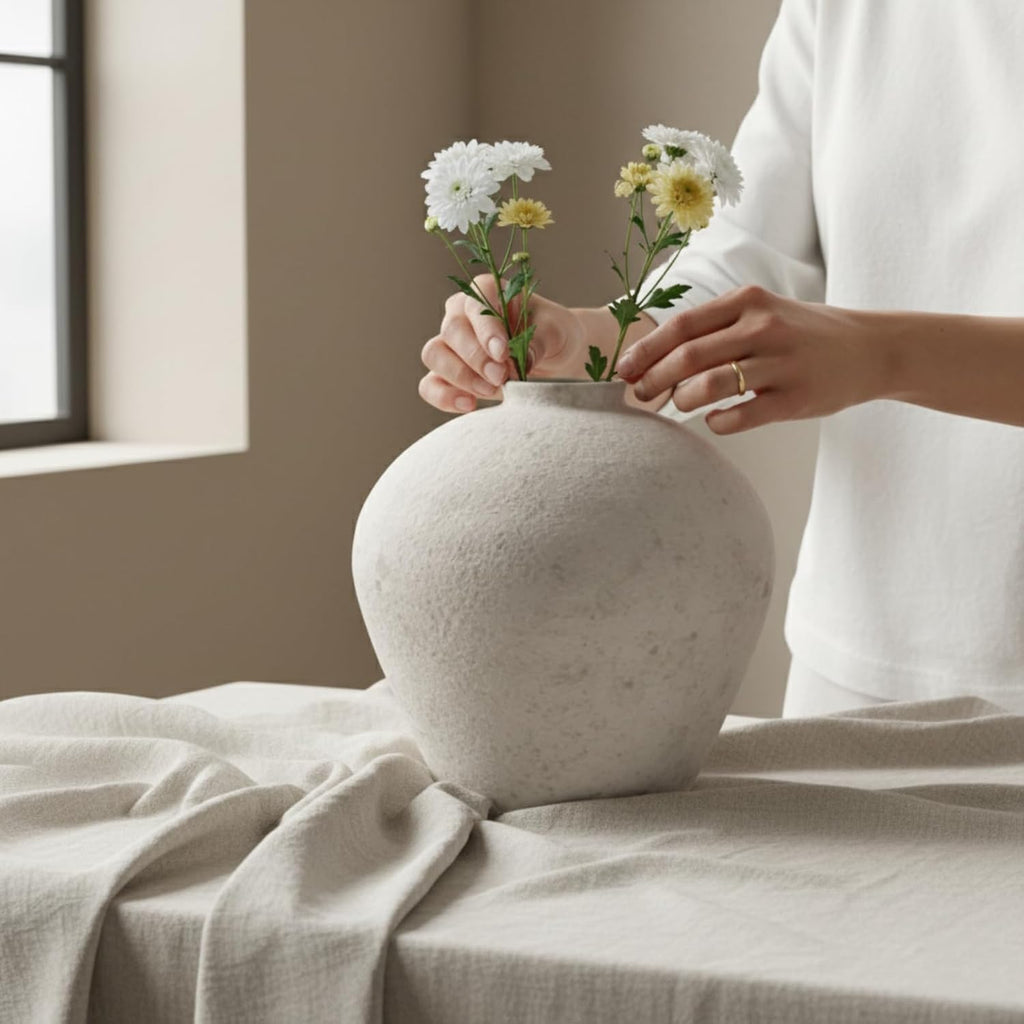 Handemade Large Round Vase for Centerpieces, White Farmhouse Rustic Vase