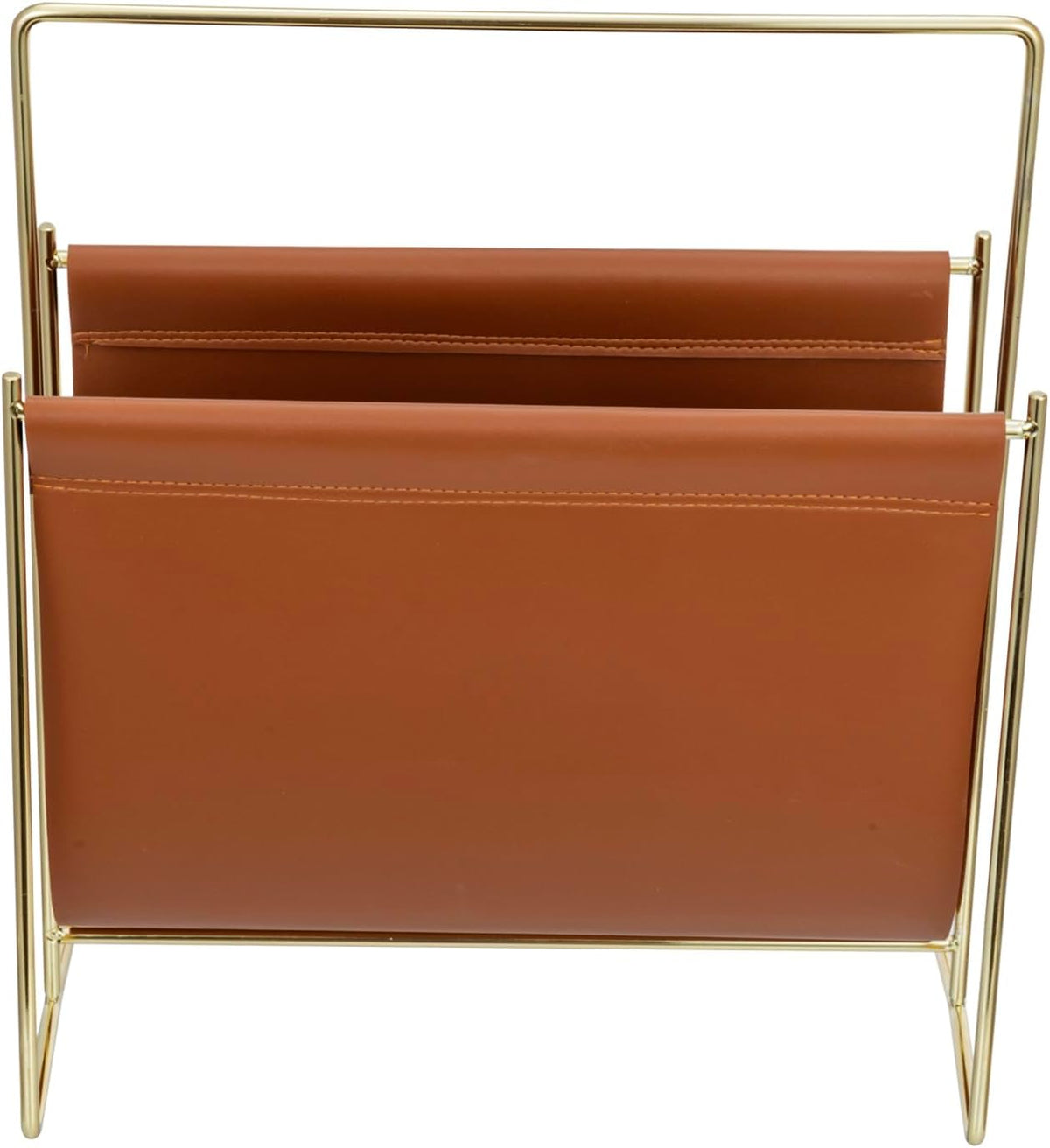 MyGift Caramel Leatherette Magazine Holder with Brass Metal Frame, 13 Inch