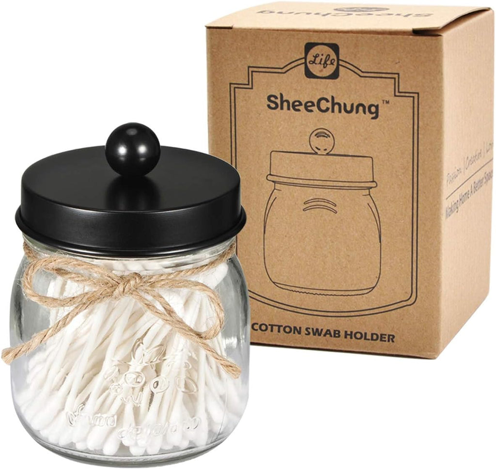 SheeChung Small Glass Mason Jar Qtip Holder with Black Stainless Steel Lid