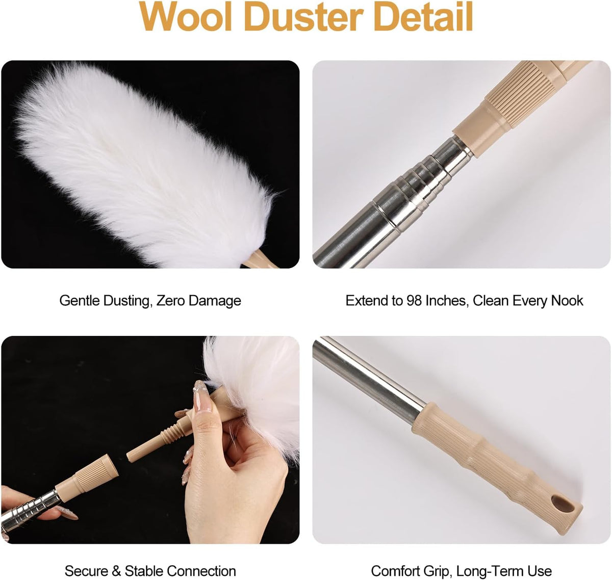 White Lambswool Extendable Duster, 32-98 Inch Bendable Wool Head with Anti-Static Properties and Stainless Steel Extension Pole for Ceiling Fans, High Walls, and Roof Dusting(one Pack)