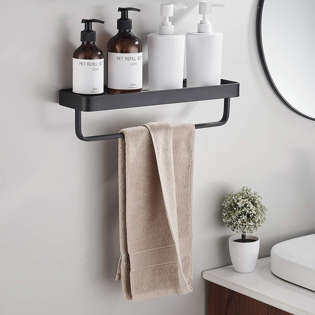 15.7 Inch Bathroom Tempered Glass Shelf with Towel Bar,Wall Mounted Aluminum Shower Organizer,Over Toilet Storage Cabinet,Matte Black,Kitchen Rectangular Vanity Rack