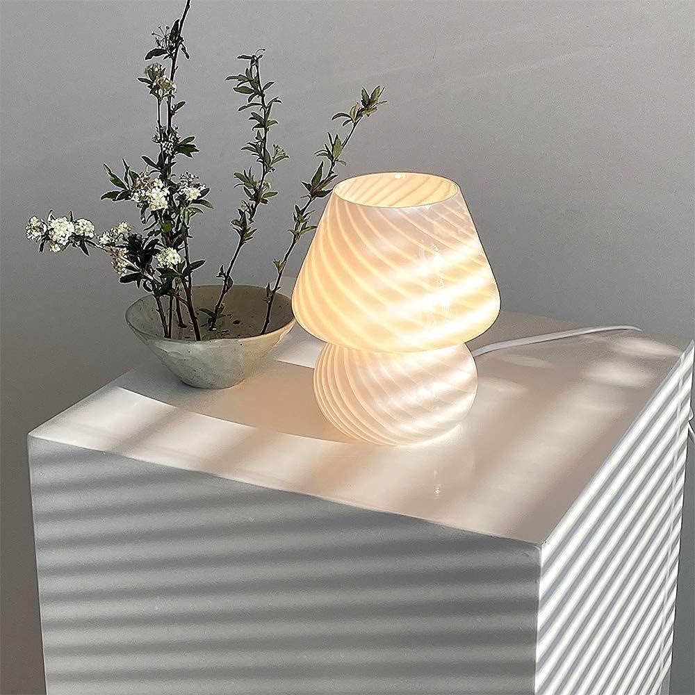 Translucent Table Mushroom Lamp Italian Style Modern Striped Glass Bedside Lamps Desk Light, Used for Baby Home Decoration of Dining, Living, Study,Gift