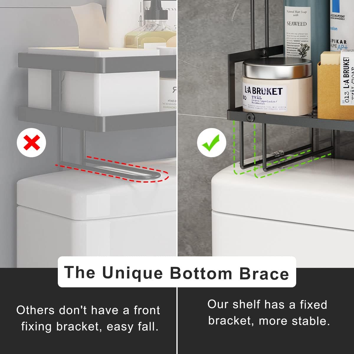 FLOLXNB Over The Toilet Storage Shelf, 3-Tier Bathroom Storage Organizer Upgrade Punch-Free Toliet Storage Shelf, Home Storage Rack with Hooks Shelf,Black