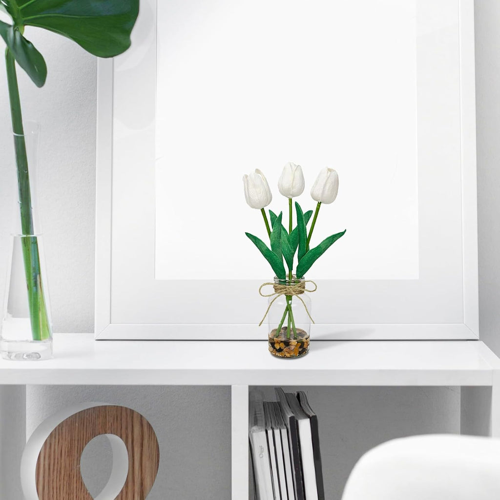 2 Packs Artificial Tulips Flowers in Glass Vase with Faux Water Stone,White