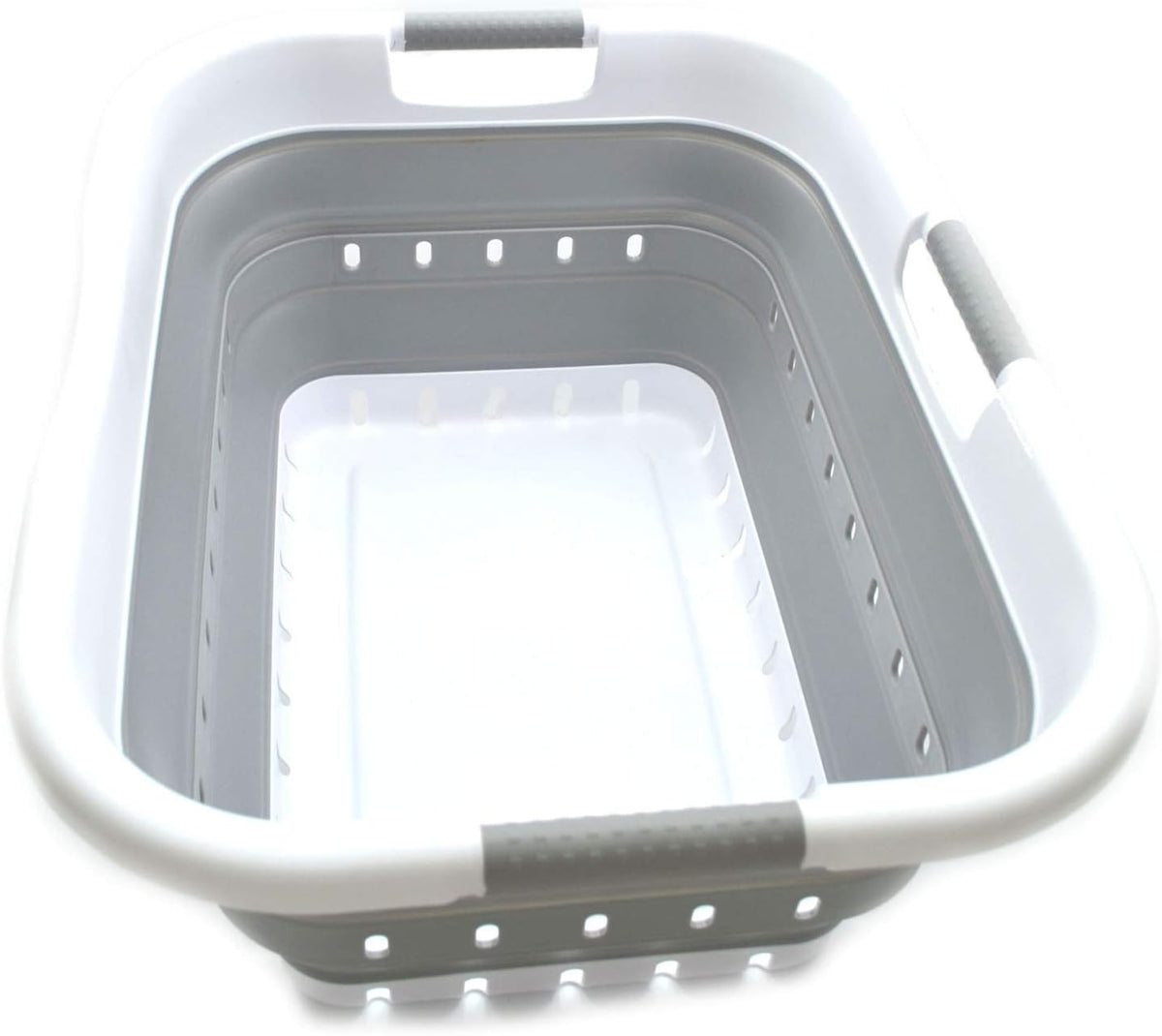 SAMMART 41L (10.8 gallon) Collapsible 3 Handled Plastic Laundry Basket - Foldable Pop Up Storage Container/Organizer - Portable Washing Tub - Space Saving (3 handled rectangular, White/Grey)