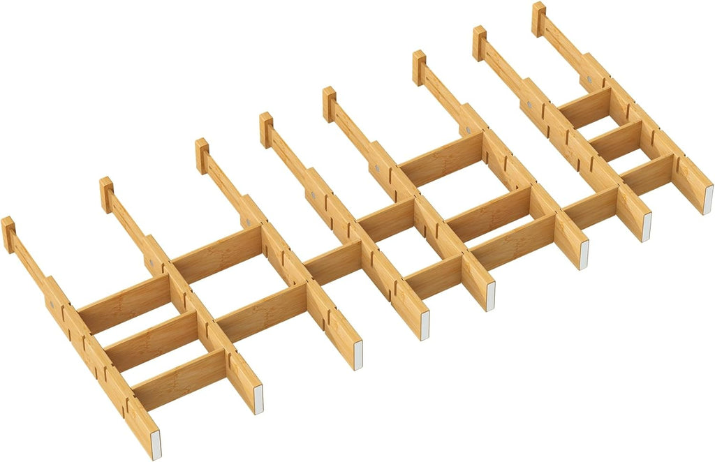 kiplant Bamboo Drawer Dividers - Adjustable Drawer Dividers for Kitchen, Clothes, Closet & Office - 8 Pack with Inserts, 13.8-18.8 Inches, Non-Slip Silicone Ends