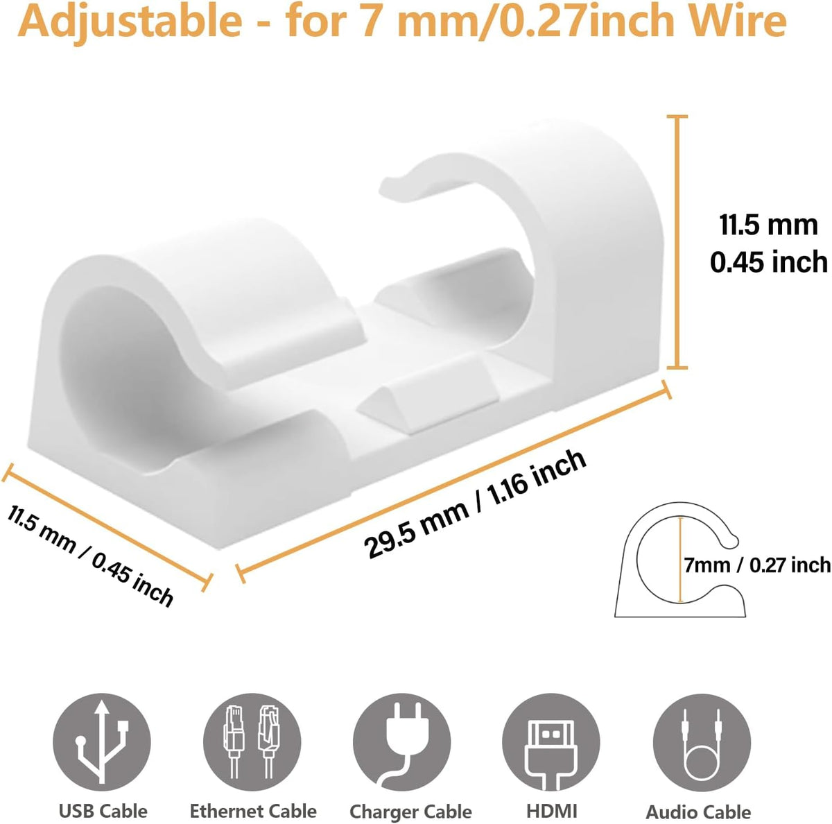 60 Pcs White Cable Clips with 3M Adhesive, Wire Holders Under Desk, Cord Management for Wall, Car, Ethernet, PC, Christmas Light Indoor/Outdoor