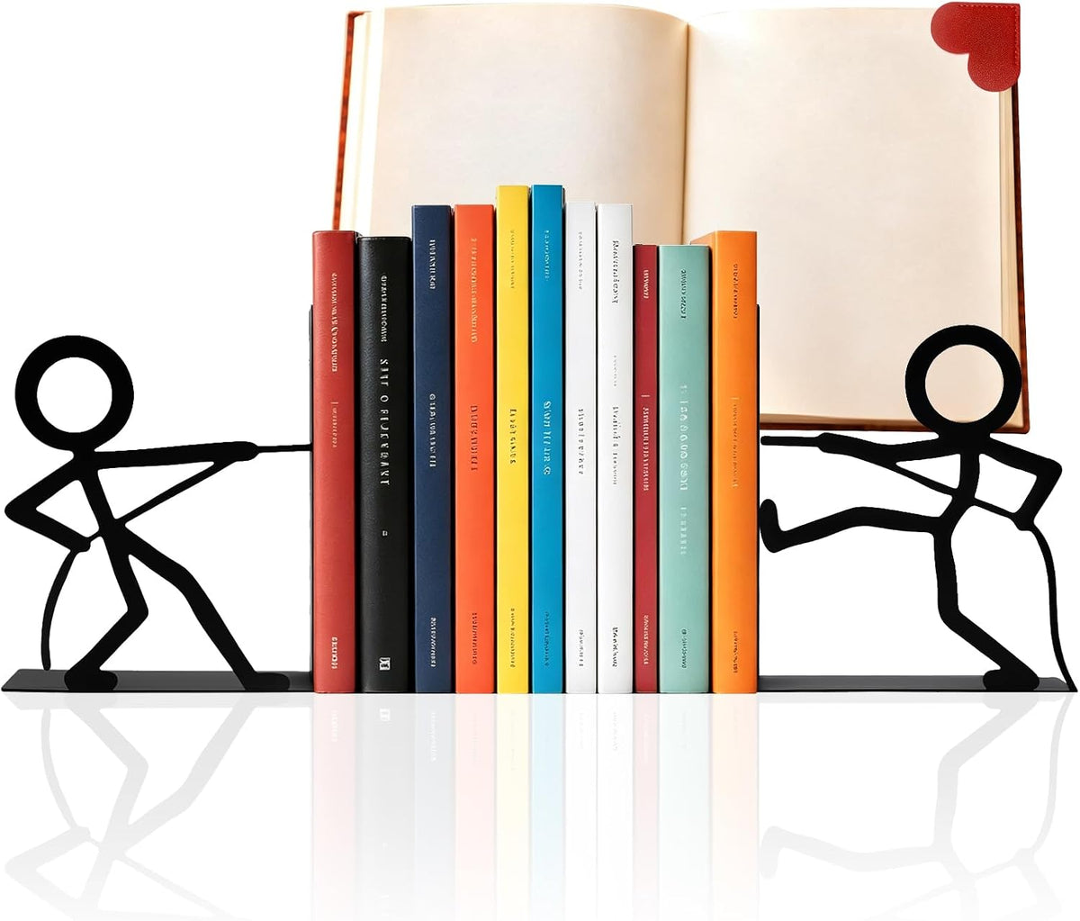 2 Pcs Metal Bookends and Heart Bookmark,Book Ends for Book Shelf,Tug of War