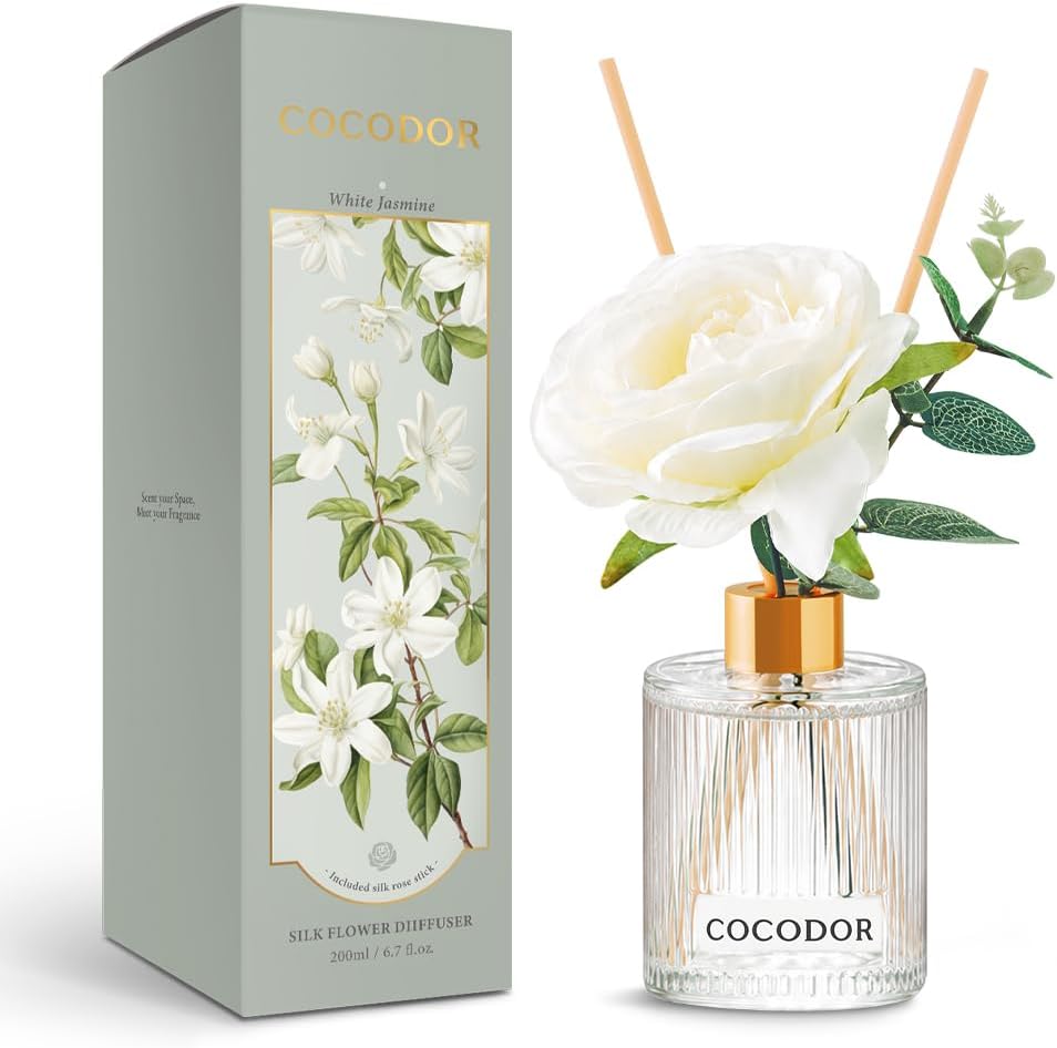 COCODOR Silk Flower Reed Diffuser Set, White Jasmine, 6.7 oz, Home Décor
