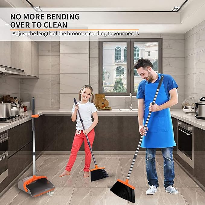 2 Pack is More economical,Upgraded Broom and Dustpan,with 52" Long Handle, Dustpan Teeth with self-Cleaning Function, Indoor and Outdoor Sweeping, Perfect for Home Office (Large Size/Orange /2-Pack)