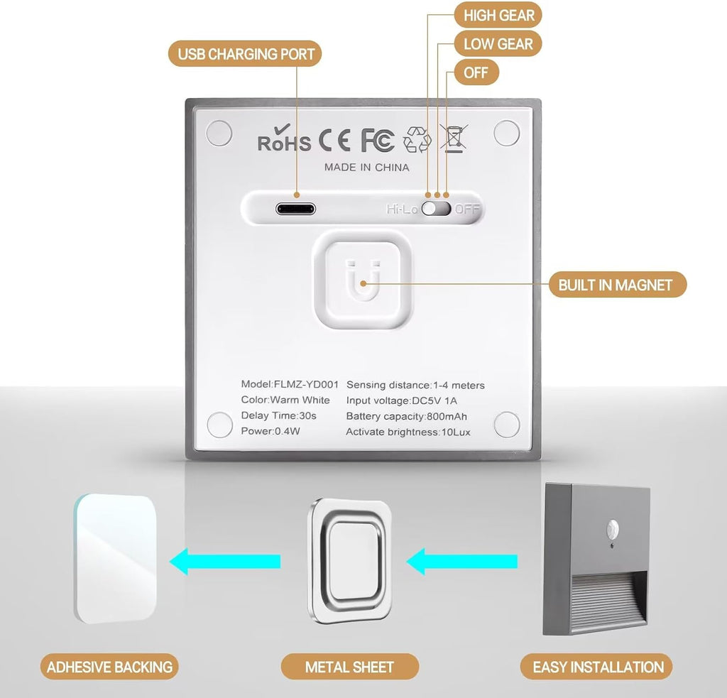 rechargeable battery night light motion sensor light indoor Warm White stair lights night light motion sensor stick on lights, Adjustable Brightness for Wall, Stairs, Cabinet, Hallway (1 Pack)