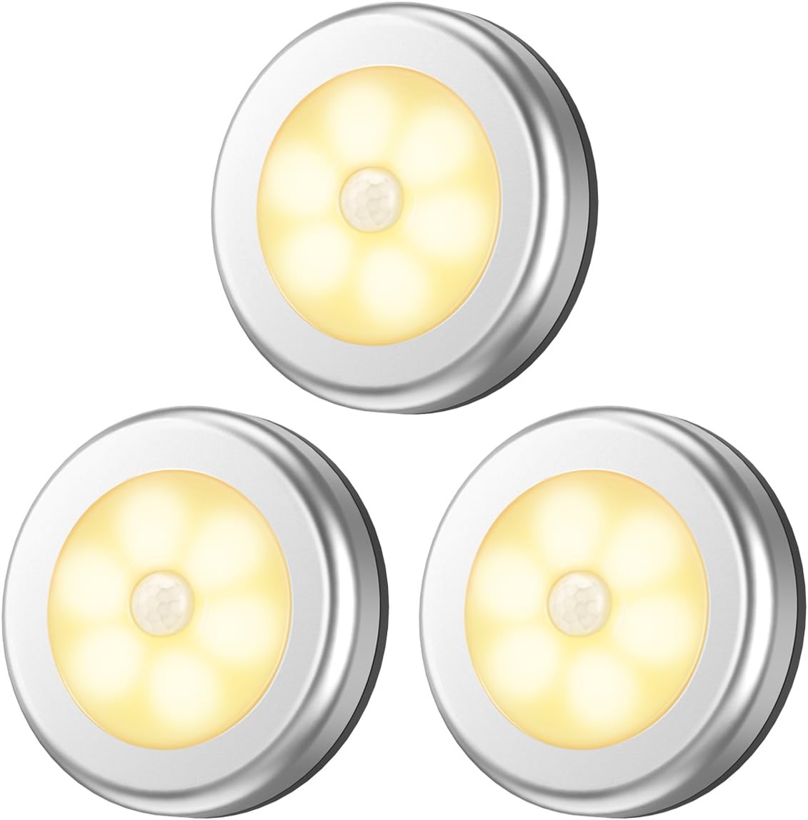 AMIR Upgraded 3.15” Motion Sensor Light, 3 Pack Battery-Powered LED Night Light, Closet Lights Stair Lights, Puck Lights, Safe Lights for Hallway, Bathroom, Bedroom, Kitchen (Silver - Warm White)