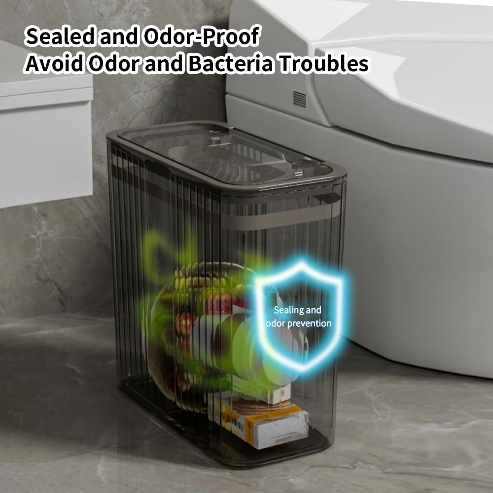 Transparent Trash Can, Bathroom Trash Cans with Lids, 3.5 Gallon Garbage Can for Bedroom, Office, Plastic Slim Waste Basket with Press Top Lid, 15L Clear Trash Bin for Home, Kitchen (Gray)