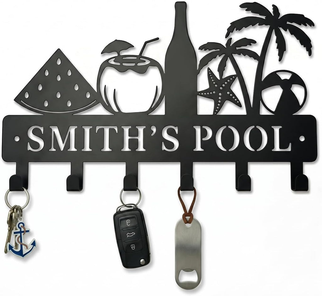 Coastal Metal Key Holder Wall Mount, Tropical Poolside Key Rack Hooks