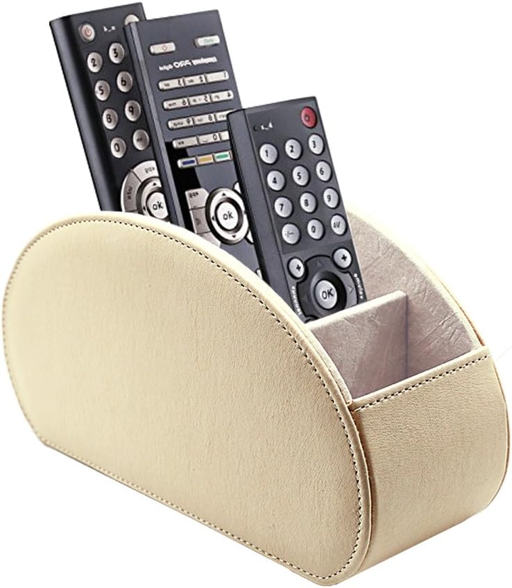 Remote Control Holder Organizer Table Desk Leather Control Storage TV Remote Control Organizer with 5 Spacious Compartments (Beige)