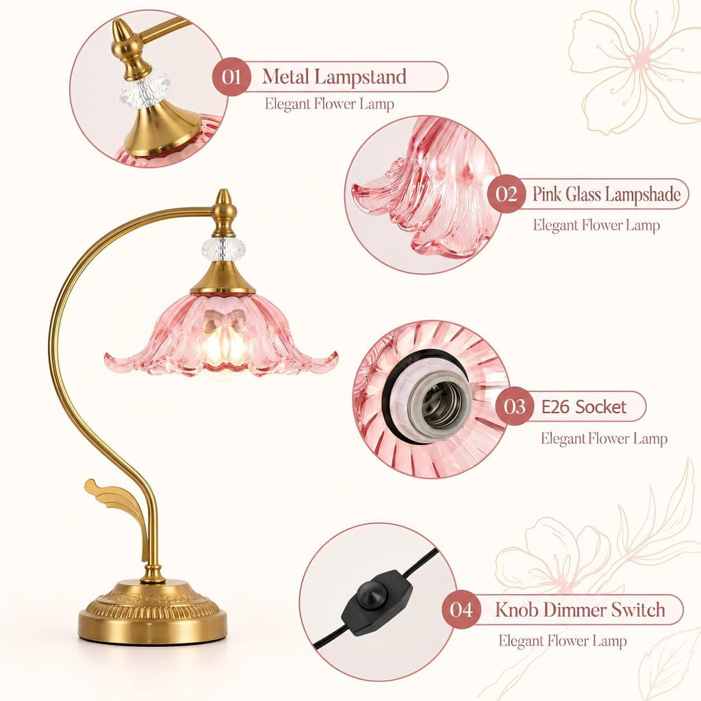 Vintage Floral Table Lamp, Plug in Mid-Century Modern Desk Lamp with Pink Glass Shade, Gold Bedside Table Lamp Dimmable for Bedroom Living Room Home Office