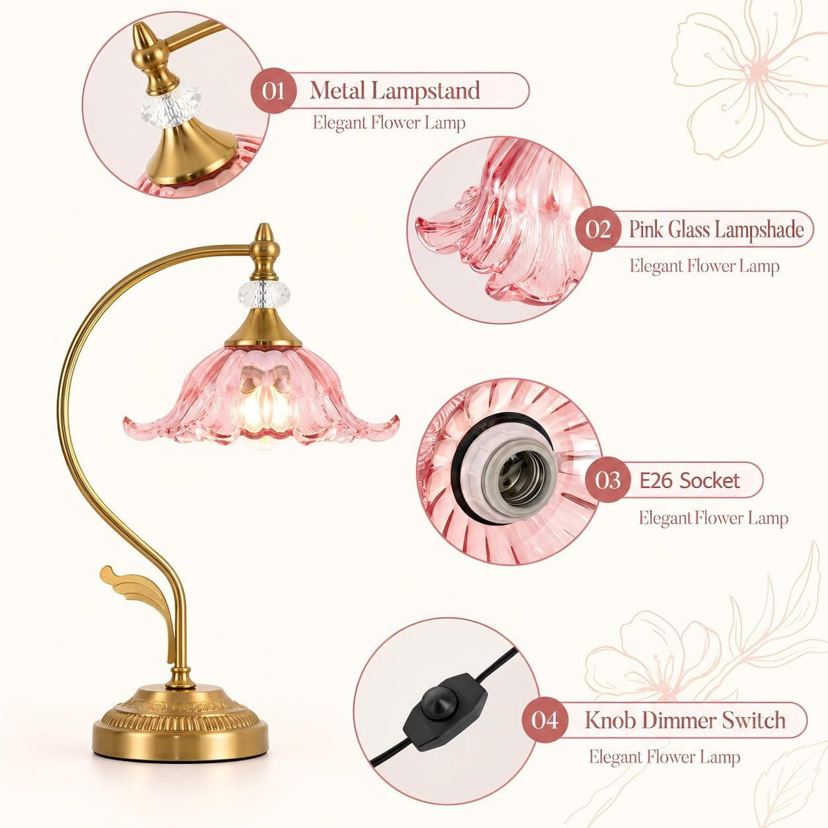 Vintage Floral Table Lamp, Plug in Mid-Century Modern Desk Lamp with Pink Glass Shade, Gold Bedside Table Lamp Dimmable for Bedroom Living Room Home Office