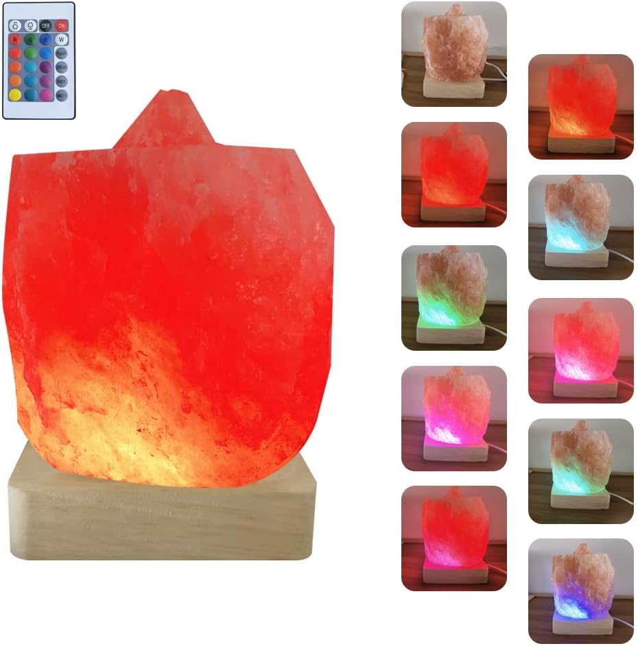USB Colour Gradient Himalayan Salt lamp,Solid Wood Based Atmosphere Decoration Natural Shape Salt lamp with Remote Control, Natural Crystal Stone Bedside Night Light, Handmade Crafts.