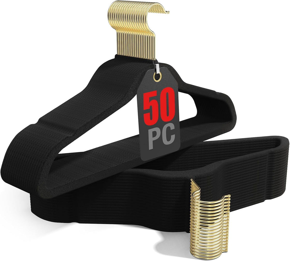 Korpai 50 Pack Black Velvet Hangers,Felt Hangers with Gold 360°Swivel Hook,Coat Hanger Non Slip,Heavy-Duty,Space Saving,Slim Clothes Hangers for Pants,Outfit,Skirts,Suits,Coats,Dresses ect.