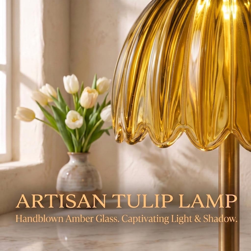 Tulip Glass Rechargeable Table Lamp, Cordless Vintage Table Light (Amber)
