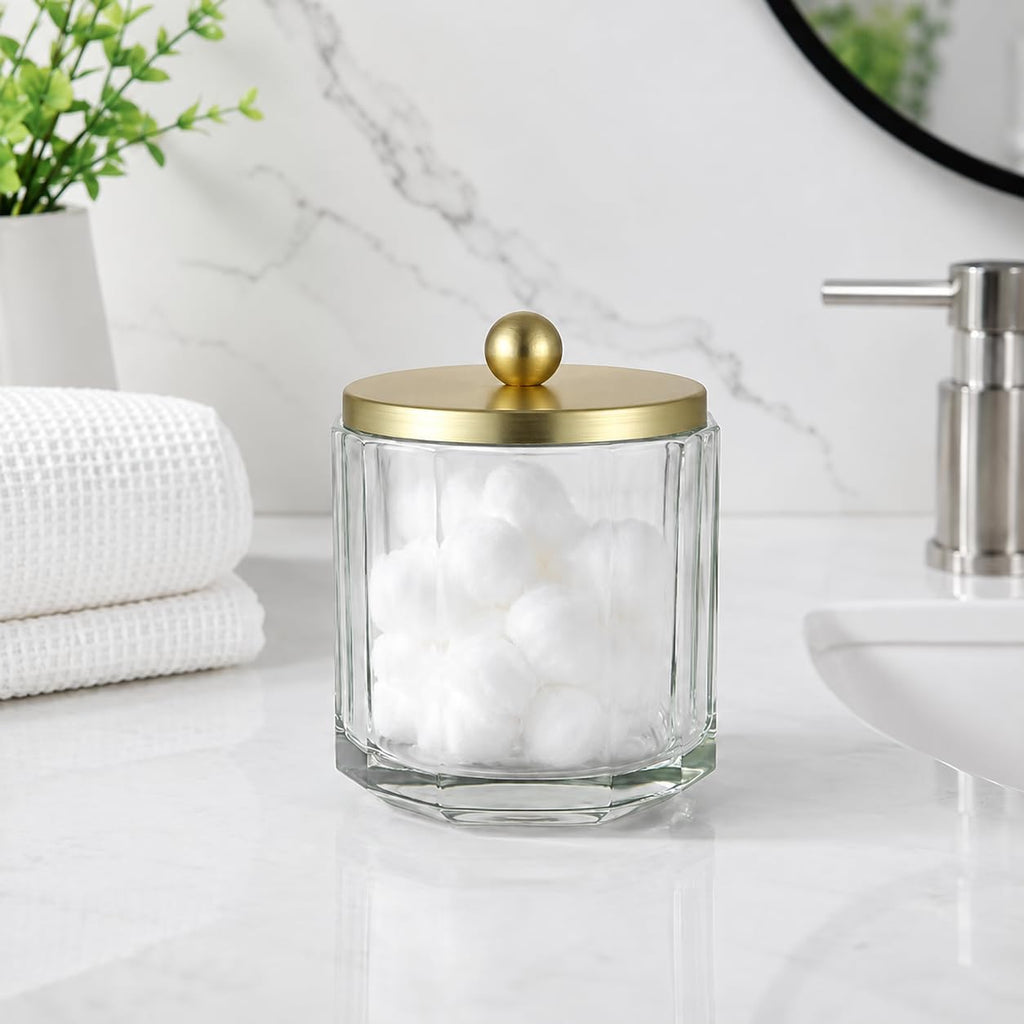 Clear Transparent Apothecary Octagional Shaped Glass Canister Jar With Gold Metal Lid Cover for Bathroom Organization, Cotton Balls, Q Tips, and Small Accessories, Bathroom Storage