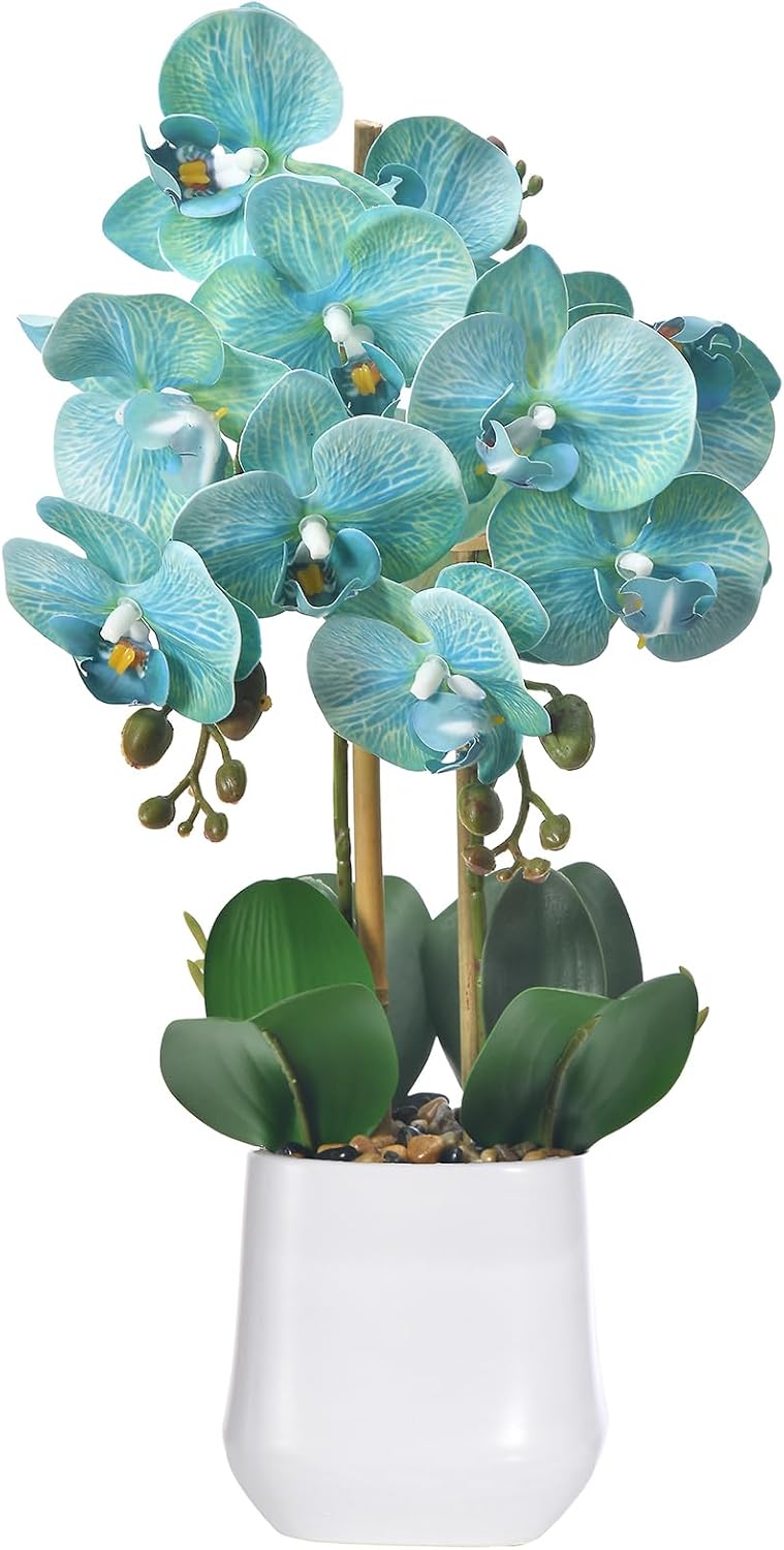 18.5" Teal Blue Faux Orchid Flowers Arrangement in Matte White Pot