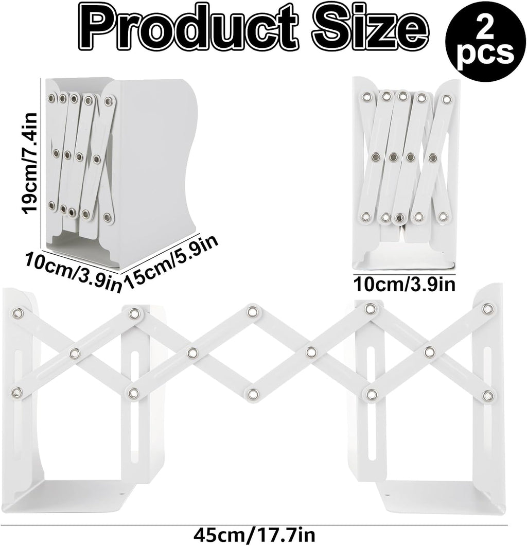 SHUESS 2 Pack Adjustable Bookends, Expandable Metal Book Holder With 2 Dividers, White Stoppers for Heavy Duty Books, Desk Ends for Shelves, Office & School