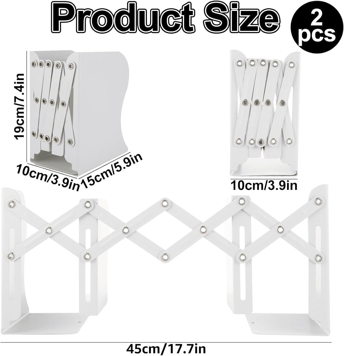 SHUESS 2 Pack Adjustable Bookends, Expandable Metal Book Holder With 2 Dividers, White Stoppers for Heavy Duty Books, Desk Ends for Shelves, Office & School