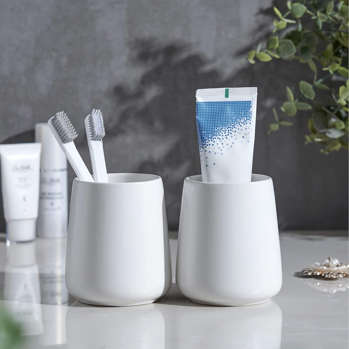 White Toothbrush Holder for Bathroom - 2Pcs Ceramic Tooth Brushing Holders Set, Toothbrush Cup & Toothpaste Organizer for Bathroom Countertop, Makeup Brush Holder, Pen Holder for Home Desktop Storage