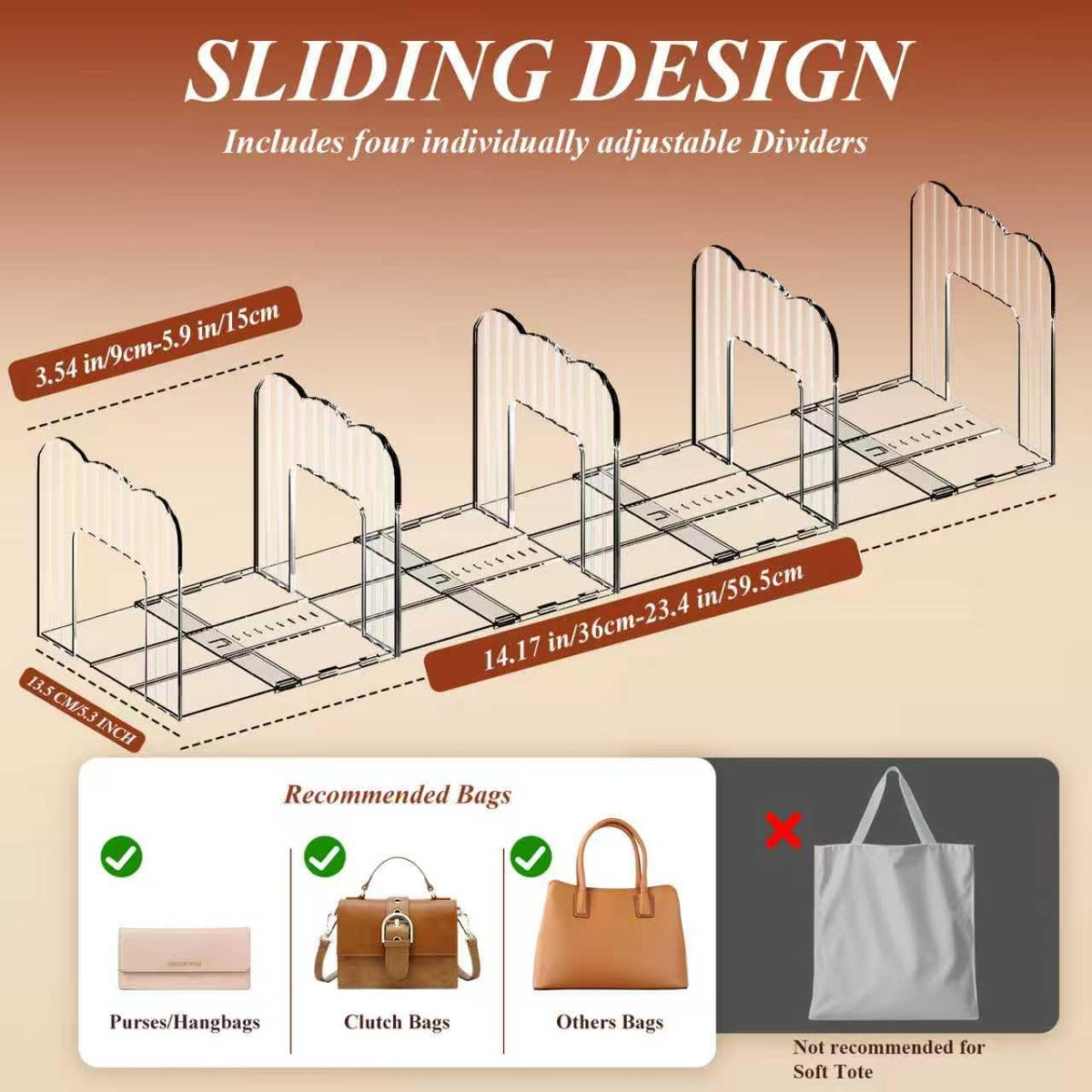 Clear Purse Organizer for Closet, Adjustable Purse Storage Handbag Storage Shelf Dividers, 1 Set Plastic Clutch Dividers for Closet Organizers Perfect for Purse Handbag Books