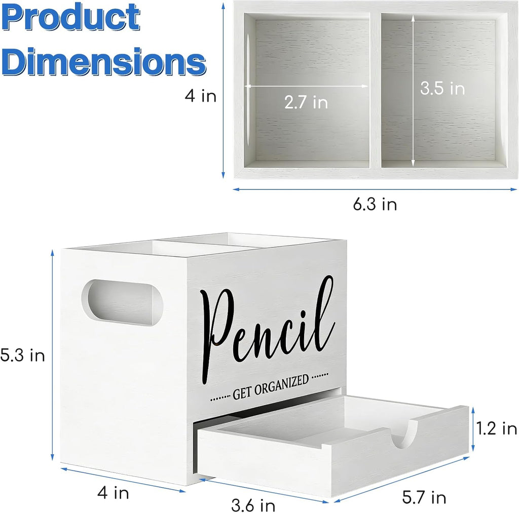 Pen Holder for Desk, Wood Pencil Organizer with Drawer, 2 Slots Dual-Purpose Desk Organizers Marker Holder Art Supplies for Home, Office(White)