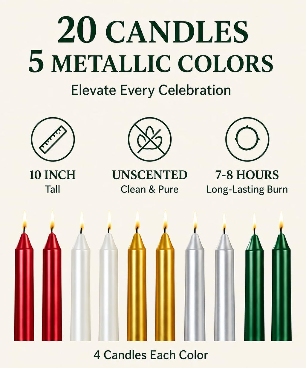4 White 4 Red 4 Green 4 Gold 4 Silver 10 Inch Metallic Taper Candle