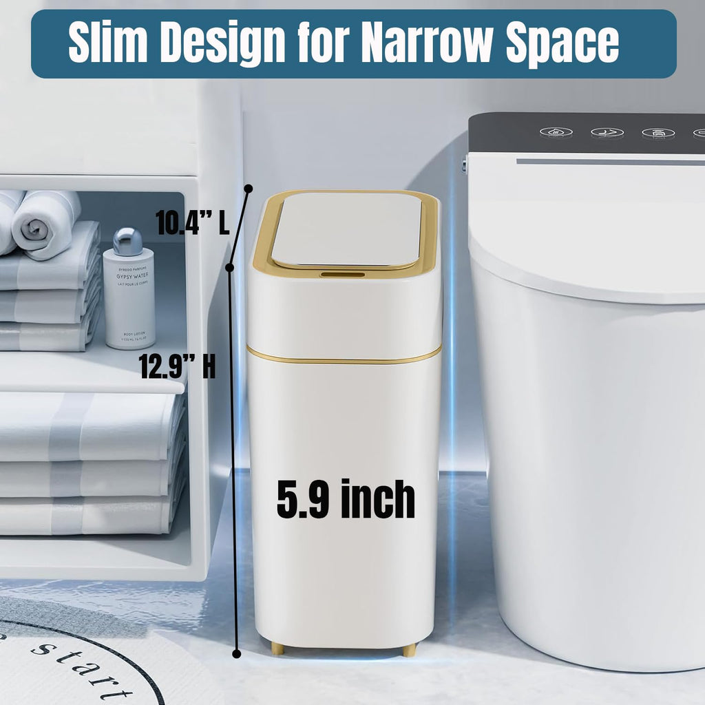 2-Pack Automatic Bathroom Trash Can with Lid, Slim Motion Sensor Garbage Can, Waterproof Touchless Trash Bin, Smart Trashcan for Bedroom, Living Room, Narrow Space, 2.3 Gallon, White+Gold Trim