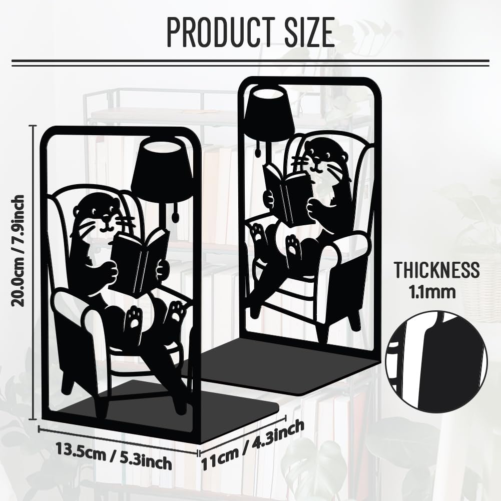 WADORN 1 Pair Reading Otter Metal Decorative Bookend for Shelves, Heavy Duty Book Ends Modern Non-Skid Books Holder Stand Black Book Support Stoppers for Office Desk Bookshelf, 5.3x4.3x7.8 Inch