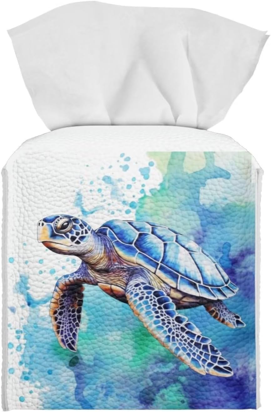 ZOUTAIRONG Retro Square Aqua Blue Leather Tissue Box Holder