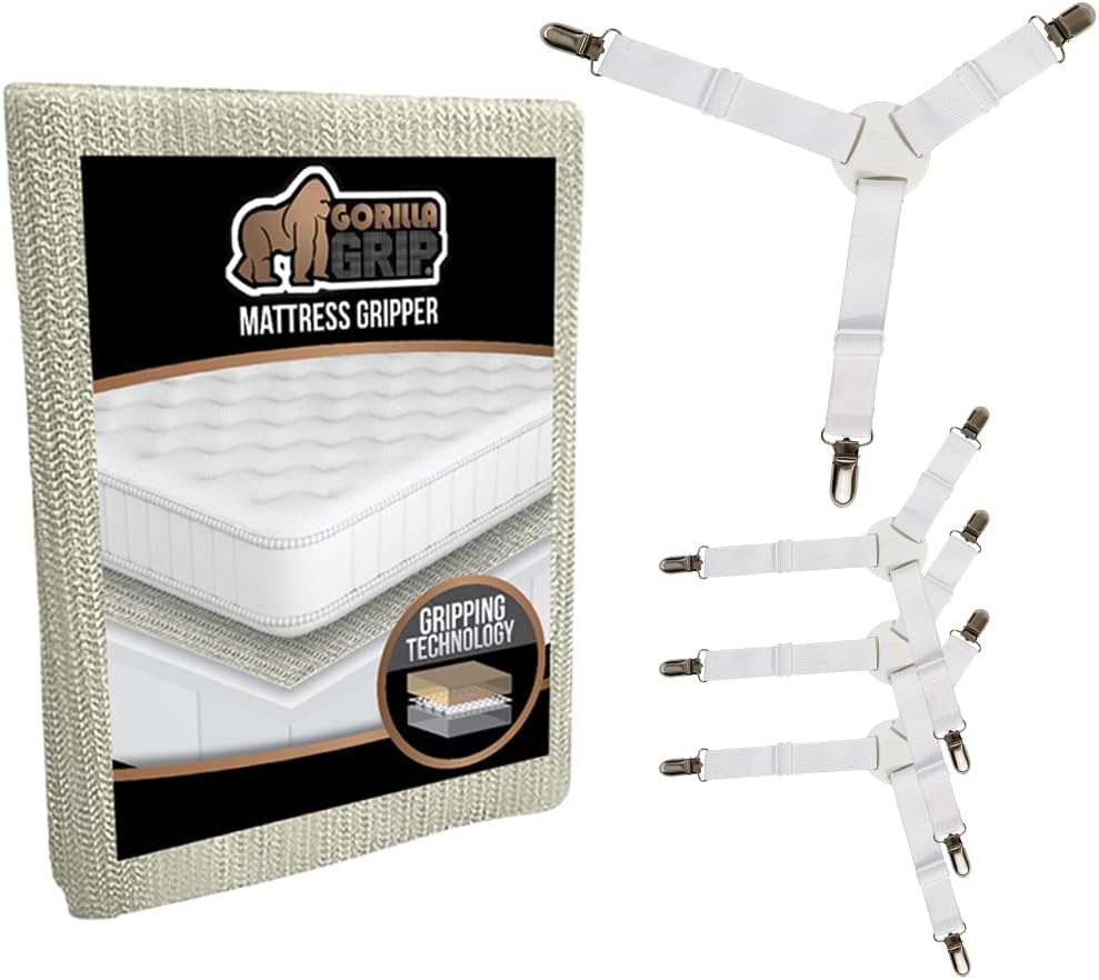 Gorilla Grip Original Mattress Slide Stopper and Gripper and Nonslip Bed Sheet Straps 4 Pack, Mattress Gripper Size Queen, Easy Trim, Sheet Straps in White, Easy Install, 2 Item Bundle