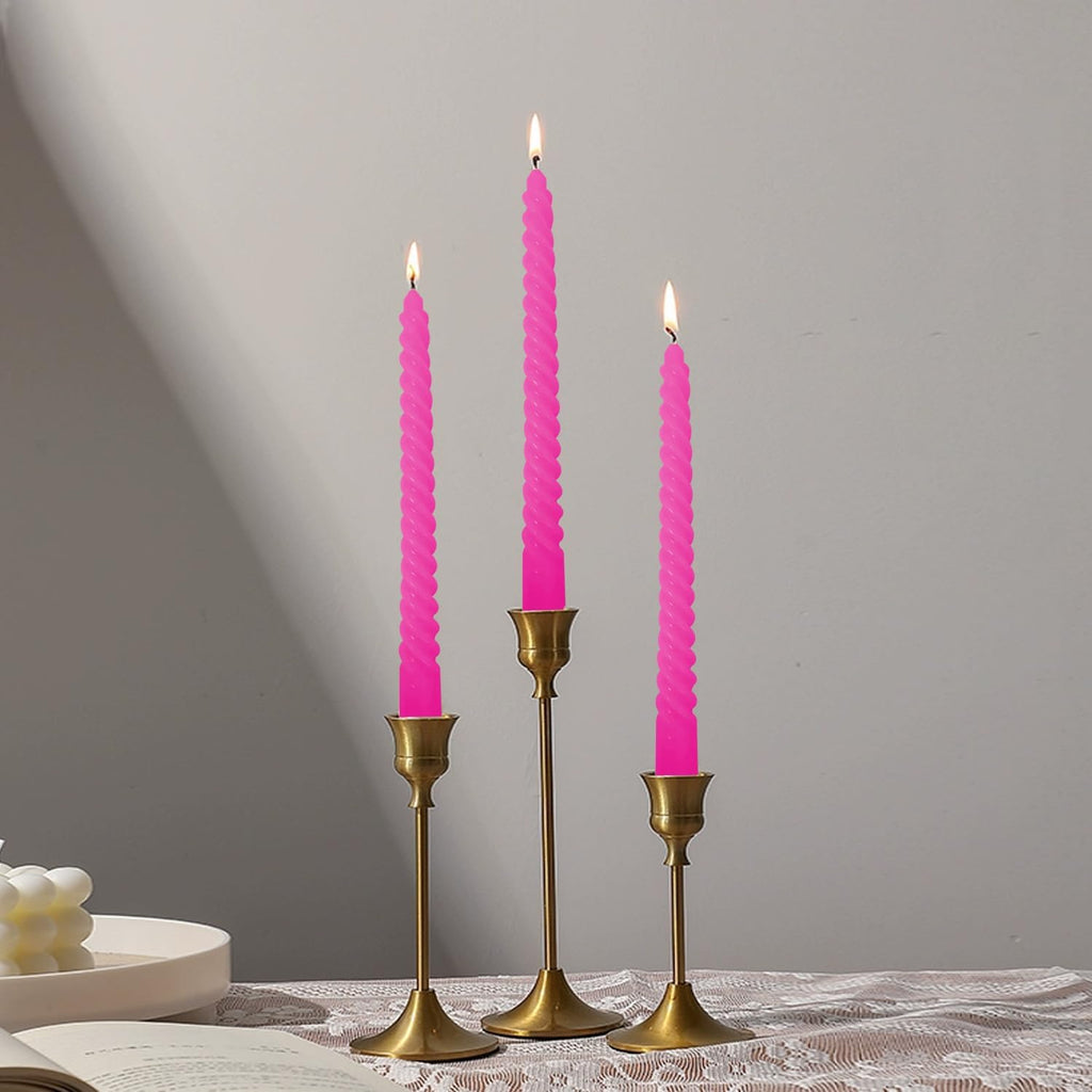 6 Pack Hot Pink Taper Candles, Rosy Pink Spiral Taper Candles
