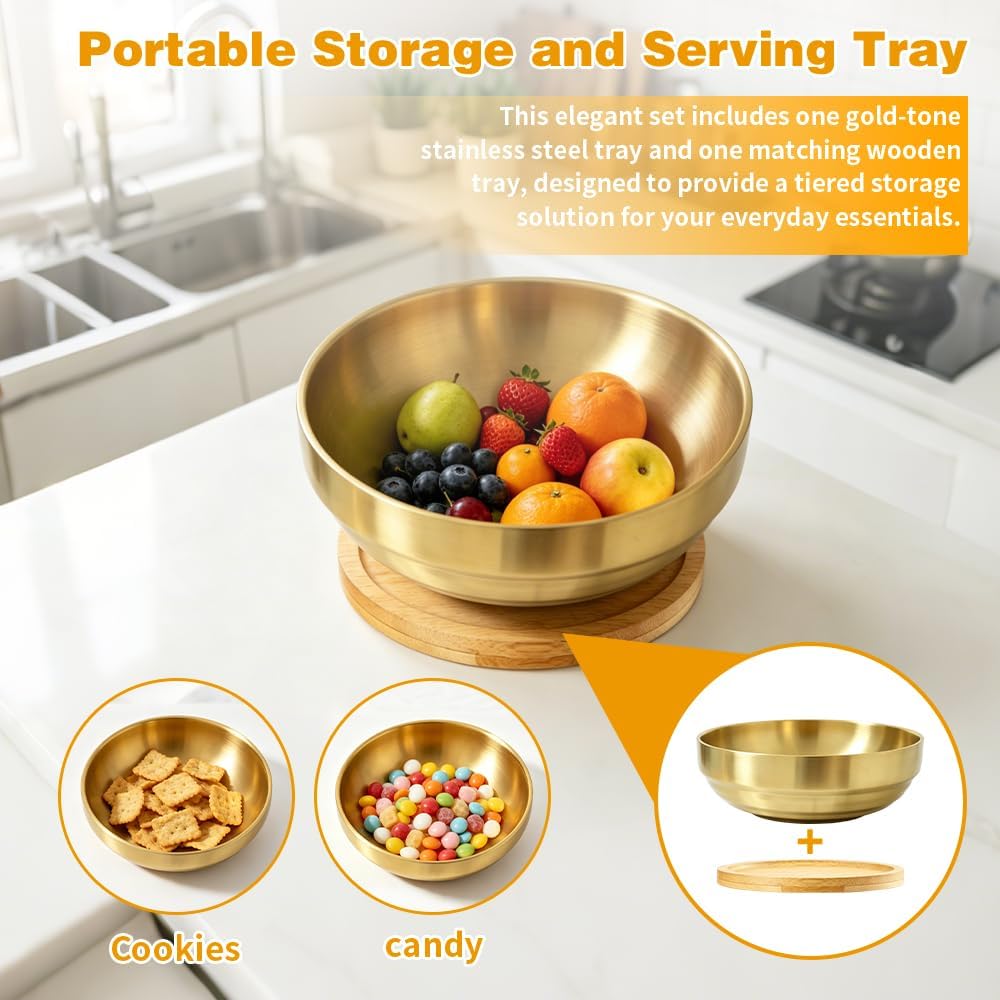 Key Bowl For Entryway Table Key Bowl Catch All Vowl Gold Fruit Bowl, Perfect For Kitchen Countertops And Coffee Tables 7.4 Inches In Diameter Comes With An Elegant Wooden Coaster