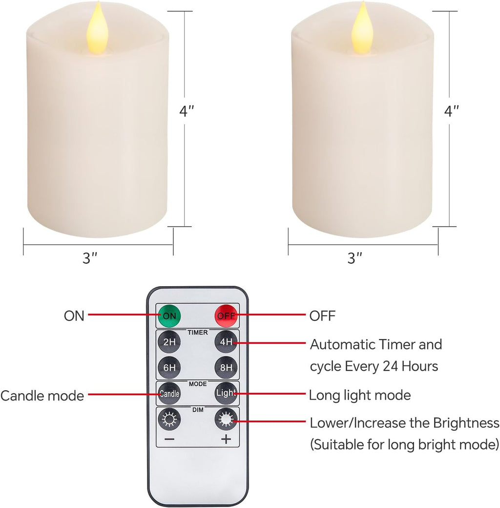 3x4 Flameless Candles with Remote Set of 2, 4 inch Battery Candles Flickering with Timer, LED Pillar Candle for Indoor/Outdoor, White
